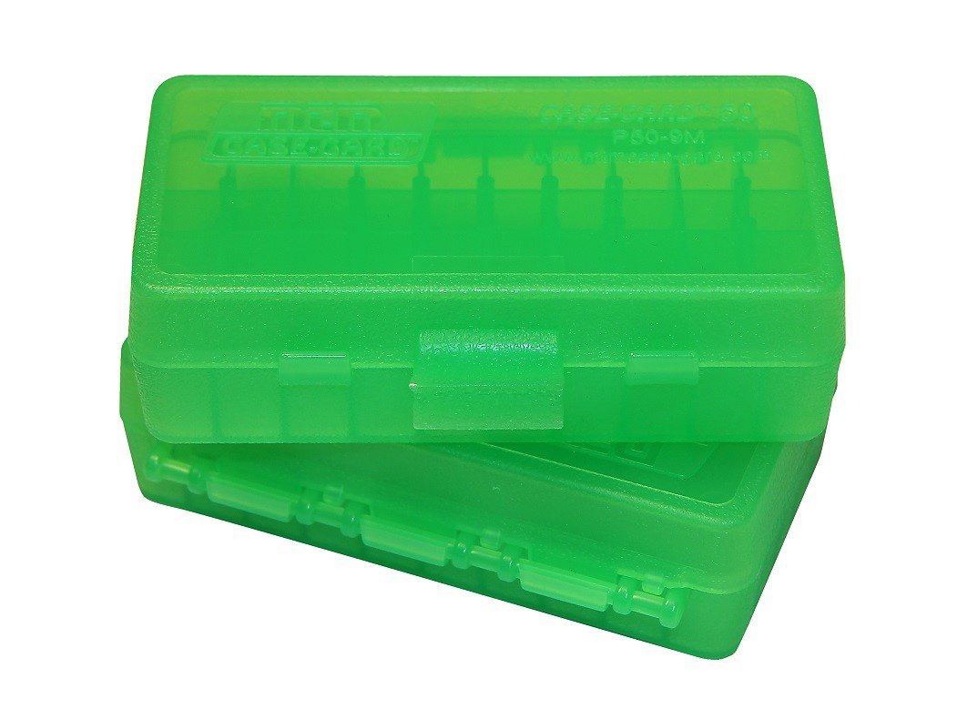 MTM P50-9M Flip-Top Ammo Box CLEAR GREEN content 50